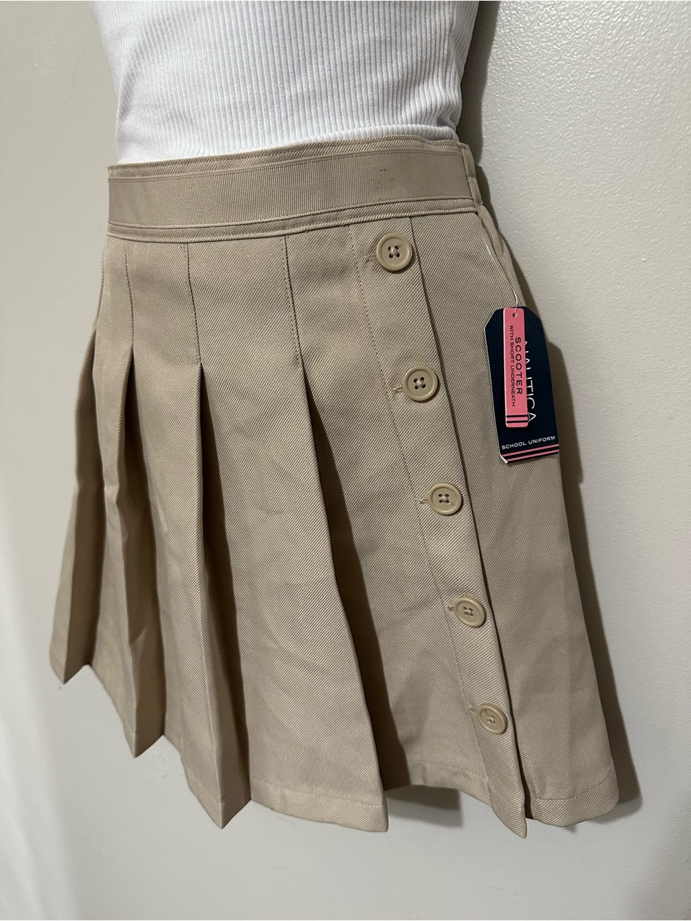 Nautica Khaki Pleated Mini Skirt with Button Side